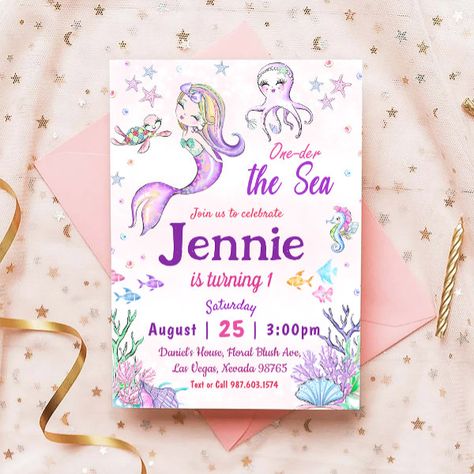 Mermaid 1st Birthday Party ONEder The Sea Party Invitation Mermaid 1st Birthday Party, Pinterest Reference, Birthday Party Under The Sea, Mermaid 1st Birthday, Pink Birthday Party Invitations, Oneder The Sea, Pinterest Workout, Mermaid Costume Diy, Mermaid Birthday Party Invitations