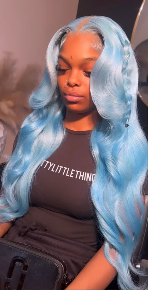 Blue Wig On Light Skin, Icy Blue Frontal Wig, Light Blue Wig Install, Icy Blue Wigs For Black Women, Icy Blue Hair Black Women, Icy Blue Wig, Baby Blue Wig, Icy Blue Hair, Sky Blue Hair