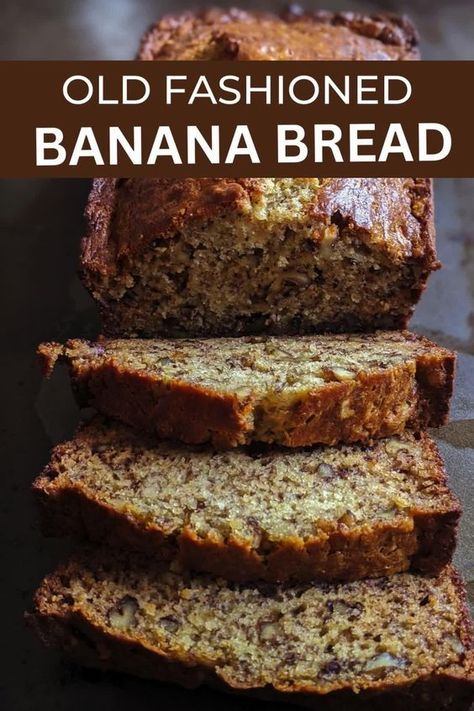 Looking for a classic banana bread recipe that is moist and full of flavour? This is Grandmas easy recipe that is perfect for breakfast, brunch or a healthy snack. This is not an eggless banana bread, it uses overripe bananas, butter, walnuts and sugar like old fashioned banana bread. A gluten-free dessert it is  perfect for everyone. Banana recipes. Gluten free desserts. Gluten free baking. Banana bread recipe moist.  #quickbread #grandmas English Banana Bread Recipe, Banana Bread Recipe Old Fashion, Banana Bread Old Fashioned, Starbucks Banana Bread Recipe Moist, Home Made Banana Bread Recipe, Unbelievably Moist Banana Bread, Banana Bread Recipe With Oats, Organic Banana Bread Recipe, Banana Bread Recipe Dairy Free