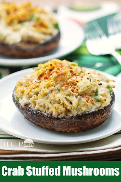 Crab-Stuffed Portobello Mushrooms | Healthy Recipes Blog Crabmeat Stuffed Mushrooms, Grilled Portobello Mushroom Recipes, Crab Stuffed Portobello Mushrooms, Healthy Stuffed Mushrooms, Grilled Crab, Stuffed Portabella, Portabella Mushrooms Recipes, Portobello Mushroom Recipes, Crab Stuffed Mushrooms