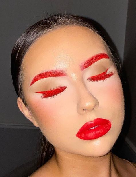 Red Lashes Make Up, Red Eyebrows Makeup, Red Eyebrow Makeup, Red Eyelashes, Red Lashes, Grunge Girls, Red Eyebrows, Eye Shape Makeup, Red Makeup Looks