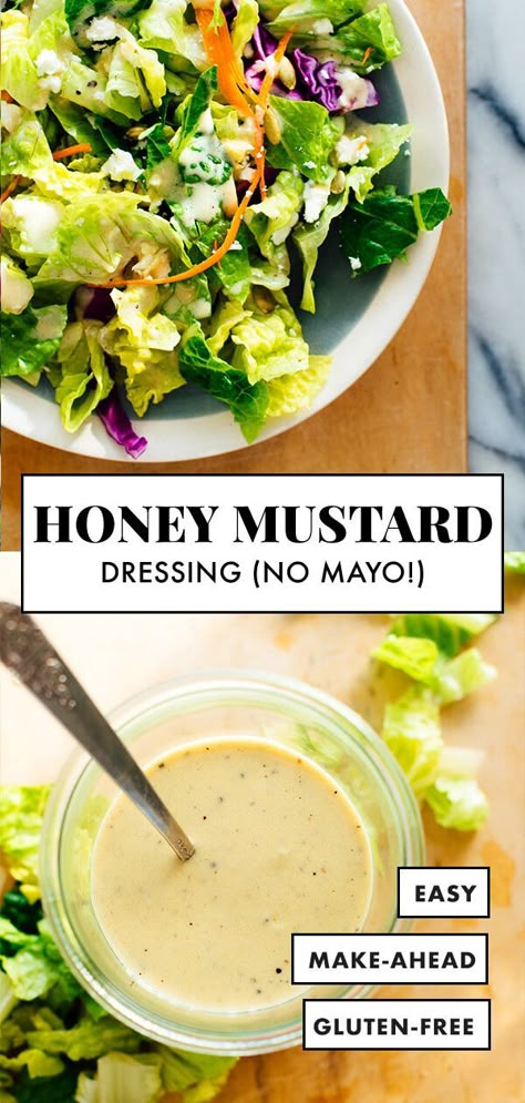 This LIGHT but CREAMY honey-mustard salad dressing is made with Greek yogurt instead of mayonnaise. It’s my favorite! #healthyrecipe #saladdressing #honeymustard #cookieandkate Paleo Honey Mustard Dressing, Paleo Honey Mustard, Sunshine Salad, Tighten Tummy, Honey Mustard Salad Dressing, Mustard Salad Dressing, Honey Mustard Vinaigrette, Resep Salad, Healthy Honey