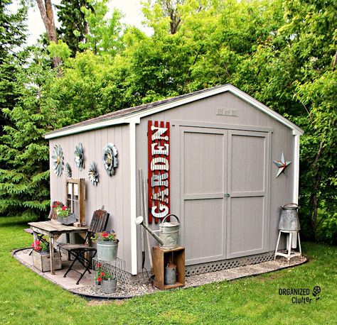 Decorating a Home Depot Shed Kit with JUNK #junkgarden #gardenjunk #flowergarden #containergarden #stencils Home Depot Shed, Garden Shed Kits, Small Shed, Junk Garden, Shed Landscaping, Shed Makeover, Backyard Storage Sheds, Garden Organization, Shed Decor