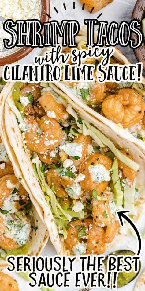 These restaurant-quality, spicy sauteed shrimp tacos are topped with spicy cilantro lime sauce that adds a creaminess you’ll crave every time! Cilantro Lime Shrimp Tacos, Shrimp Tacos Recipe, Shrimp Tacos Easy, Best Shrimp Recipes, Spicy Shrimp Tacos, Shrimp Taco, Shrimp Taco Recipes, Cilantro Lime Sauce, Spaceships And Laser Beams