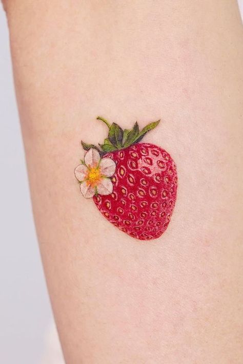 Micro Strawberry Tattoo, Half Strawberry Tattoo, Small Strawberry Tattoo Simple, Realistic Strawberry Tattoo, Strawberry Candy Tattoo, Mini Strawberry Tattoo, Tattoo Ceramics, Fine Line Strawberry Tattoo, Strawberry Tattoo Simple