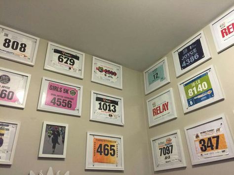 Cool way to display race bibs Racing Bibs Display Ideas, Rally Towel Display Ideas, Race Bib Display, Running Bibs, Running Ideas, Medal Displays, Towel Display, Sports Wall Decor, Race Bibs