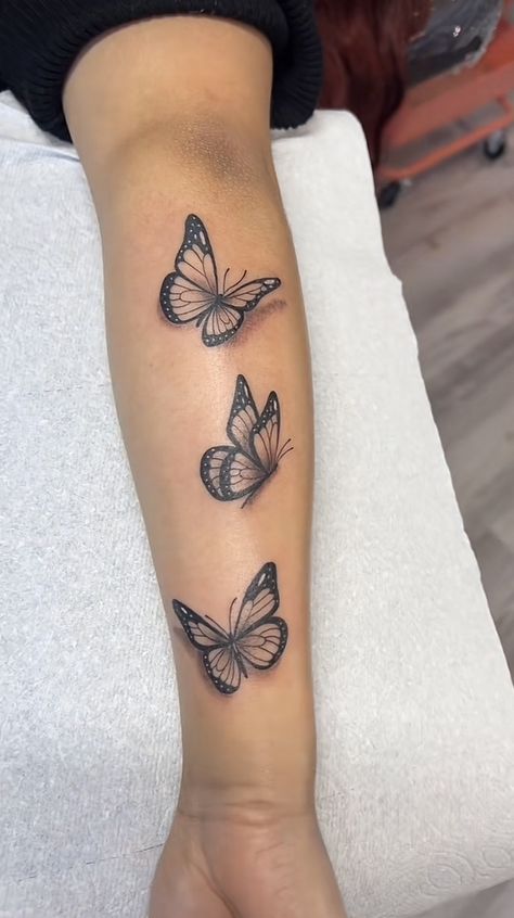 Forearm Tattoos For Girls, Butterfly Tattoo Arm Sleeve, Butterfly Tattoo Upper Arm, Tattoo Ideas Butterfly Arm, 3 Butterflies Tattoo, Butterfly Tattoo On Forearm, Butterfly Tattoo With Name, Butterfly Tattoo Wrist, Butterfly Arm Tattoo