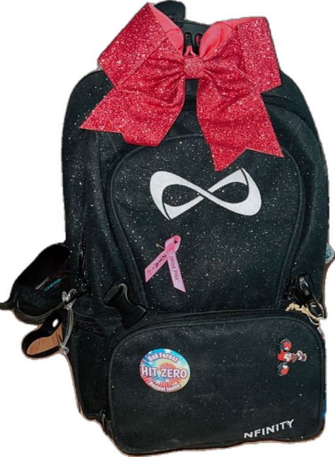 Infinity Cheer Backpack, Nfinity Cheer Backpack, Fake Cheer Snaps, Cheer Bag Accessories, Cheer Bag Aesthetic, Cheer Backpack Ideas, All Star Cheer Aesthetic, Cheer Hair Styles, Cheer Essentials