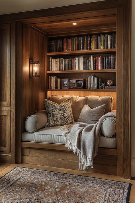 Reading Nook Office Ideas, Small Home Library Design Cozy, Small Room Corner Ideas, Library In Living Room Small Spaces, Cozy Library Bedroom, Small Library Nook, Library Nook Ideas Cozy Corner, Library Small Room, Library In Living Room