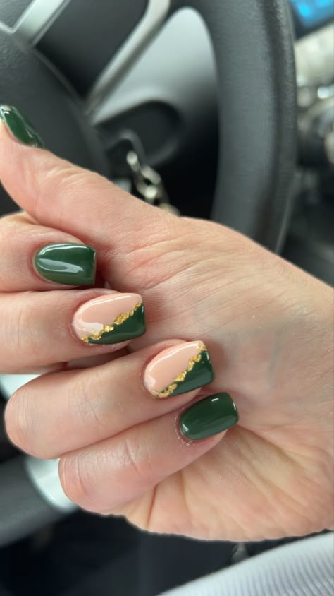 Simple Nails To Go With Emerald Green Dress, Army Green Nails With Gold Flakes, Green And Gold Pedicure Ideas, Forest Green Nails Acrylic Short, Khaki And Gold Nails, Short Emerald Green Nails With Gold, Green And Gold Short Nails, Matte Green Nails With Gold, Dark Green Nails With Design