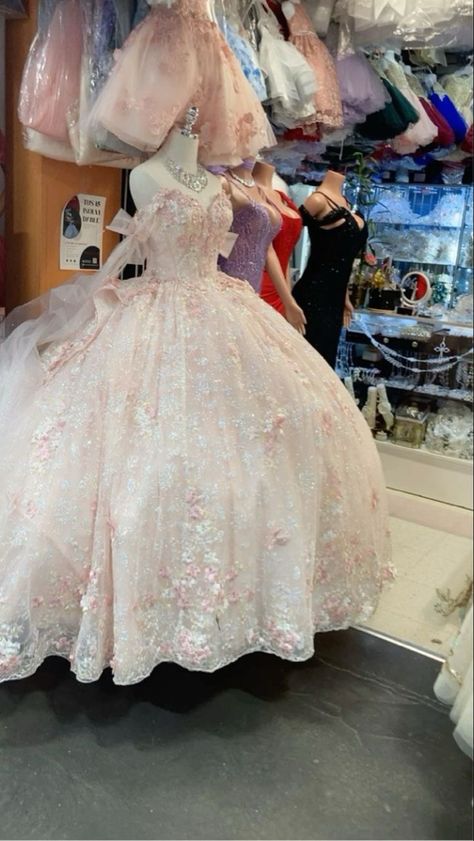 Quinceanera Dresses Light Pink, Coquette Quince, Quince Colors Schemes, Light Pink Quince, Light Pink Quinceanera Dresses, Quince Colors, Quinceanera Stuff, Quince Stuff, Pink Quinceanera