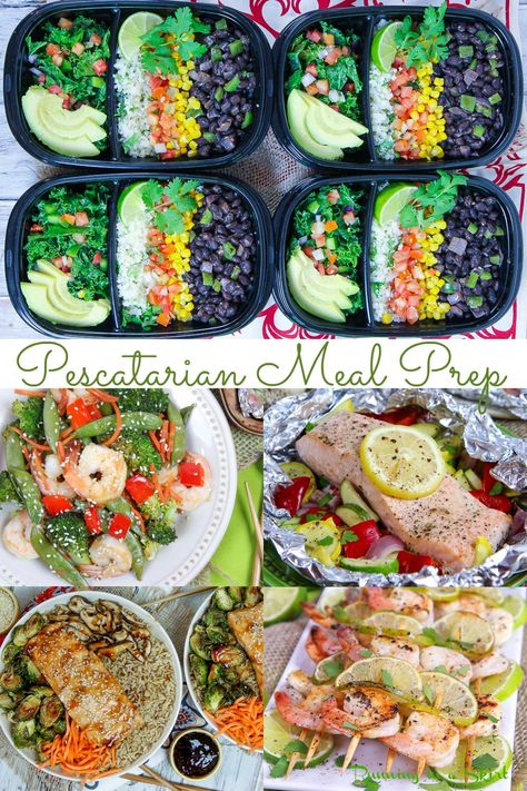 Pescatarian Meal Prep for the week including healthy, clean eating, easy breakfast, lunch, and dinner ideas. Includes plant based vegetarian, seafood - fish (salmon, shrimp), vegan and low carb and weight loss recipes. Also has tips and tricks (including the best containers) for meal prep success. Super delicious! / Running in a Skirt #pescatarian #mealprep #healthy #healthyliving #vegetarian Pescatarian Meal Prep Breakfast, Pescatarian No Carb Recipes, Clean Eating Recipes Pescatarian, Pescatarian On A Budget, Pollo Pescatarian Recipes, Lunch Meal Prep Pescatarian, Fish Based Meals, Clean Eating Pescatarian Recipes, Seafood Diet Plan Clean Eating