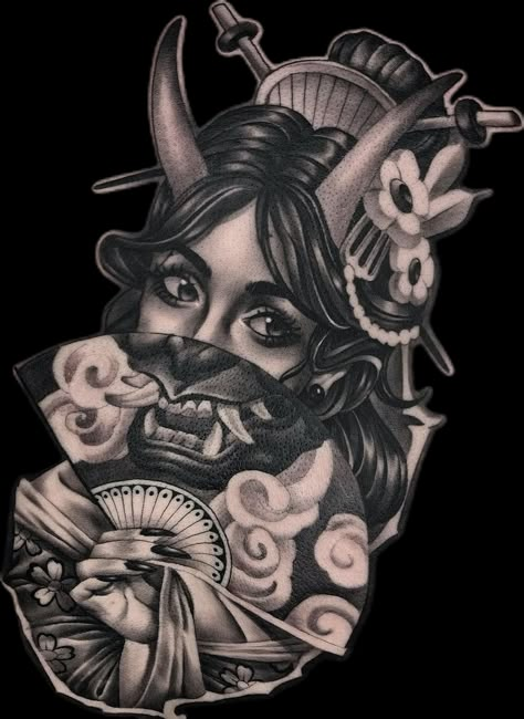 Geisha Hanya Tattoo Design, Geisha Oni Mask Tattoo, Geisha Hand Tattoo, Gothic Style Tattoos, Japanese Samurai Tattoo, Mascara Hannya, Tato Geisha, Tengu Tattoo, Surrealism Tattoos