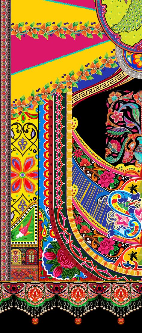 Truck Art Motifs Design, Truck Art Motifs, Folk Art Indian, Circus Tricks, Katha Stitch, Textile Surfaces, Truck Art Pakistan, Ali Abbas, Pakistani Truck