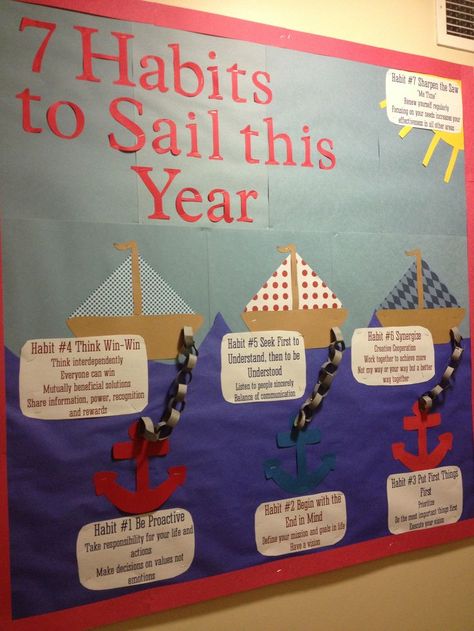 7 habits bulletin board ideas school | Back to school bulletin board: Good habits for a great school year! Sailing Bulletin Board, 7 Habits Bulletin Board, Beach Bulletin Boards, Bulletin Boards Ideas, Cork Board Ideas, Nautical Classroom Theme, Counseling Bulletin Boards, Nautical Classroom, College Bulletin Boards