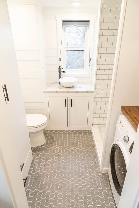 Farmhouse | Liberation Tiny Homes Tiny Home Bathroom With Laundry, Bath And Laundry Room Combo Floor Plans, Small Bathroom With Laundry Room Combo, Basement Bathroom Laundry Combo, Bathroom Laundry Combo Floor Plans, Granny Room, Yurt Village, Farmhouse Tiny House, Mil Suite