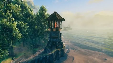 lighthouse Valheim Build Valheim Tower, Valheim Dock, Medieval Mansion, Valheim Builds, Dock House, Viking House, Viking Village, Gaming Stuff, Tower Building