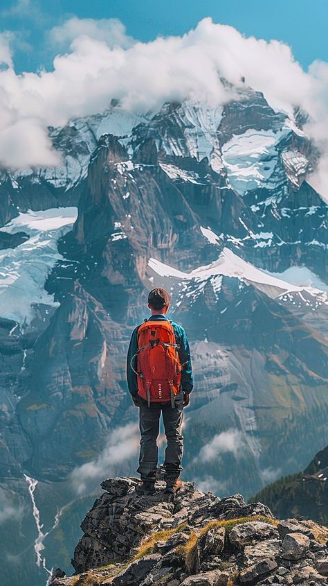 Mountain Adventure View: A #solotraveler stands atop a rocky peak, gazing at the majestic snow-capped #peaks enveloped by #mist. #mountains #clouds #naturelover #hiking #explorer #aiart #aiphoto #stockcake ⬇️ Download and 📝 Prompt 👉 https://stockcake.com/i/mountain-adventure-view_907128_376091 Mountains Portrait, Travelling Inspiration, Mountain Portrait, Green Scenery, Nature Camping, Mountain Adventure, High Mountain, Hiking Aesthetic, Mountain Photos