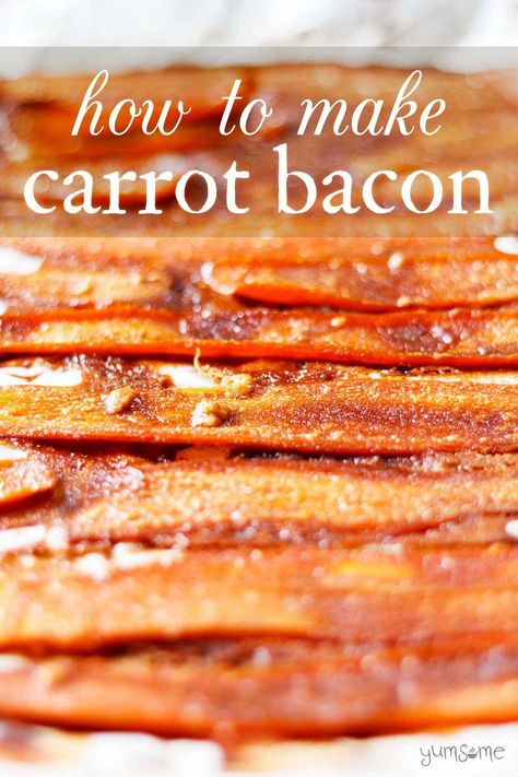 My carrot bacon is so easy to make; it's salty and savoury, with a touch of sweetness, and is made from just 5 basic store cupboard ingredients! Go and make some! | #carrotbacon #veganbacon #veganrecipe Air Fryer Carrot Bacon Recipe, Carrot Bacon Air Fryer, Vegan Bacon Carrots, Best Vegan Air Fryer Recipes, Air Fryer Vegies Recipes, Vegan Carrot Bacon, Uses For Carrots, Maple Bacon Carrots, Bacon Alternatives