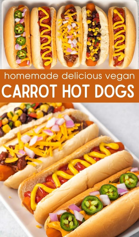 Vegan Carrot Dogs are a delicious meatless alternative to hot dogs! Grill 'em for some char. You can make these savory, smoky vegan carrot hot dogs 3 different ways – the quicker method (ready in less than an hour), the overnight method (perfect for meal prepping or thinking ahead) and the Instant Pot method. Enjoy these at a vegan barbecue with a side of coleslaw, potato salad, or grilled corn on the cob. Hot Dog Alternative, Carrot Hotdogs Recipe, Healthy Hot Dogs, Carrot Hot Dog Recipes, Carrot Dogs Vegan, Vegan Cookout Food, Vegan Lunchables, Vegan Carrot Hot Dog Recipe, Veggie Hotdogs