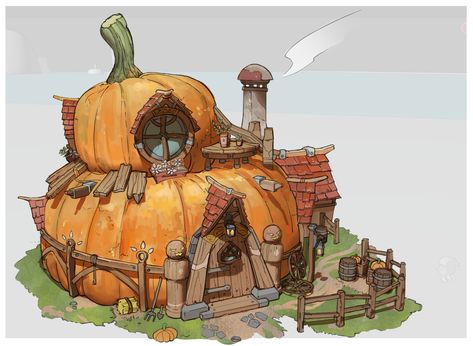 ArtStation - Exterior concepts for Pumpkin area, Alam Pangraksa Pumpkin Concept Art, Farm Concept Art, Halloween Concept Art, Fantasy House Concept Art, Home Concept Art, Pumpkin Village, Fantasy House Concept, Hero Ideas, Forest Guardian