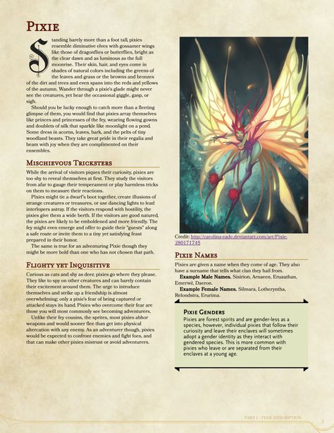 DnD 5e Homebrew — Pixie Race by xanisian, 13Sins and Torrek Dungeons And Dragons Races, Dnd Races, Dungeons And Dragons 5e, Dnd 5e Homebrew, Legends And Myths, Dungeons And Dragons Game, Dnd Monsters, Fantasy Races, Dungeons And Dragons Characters