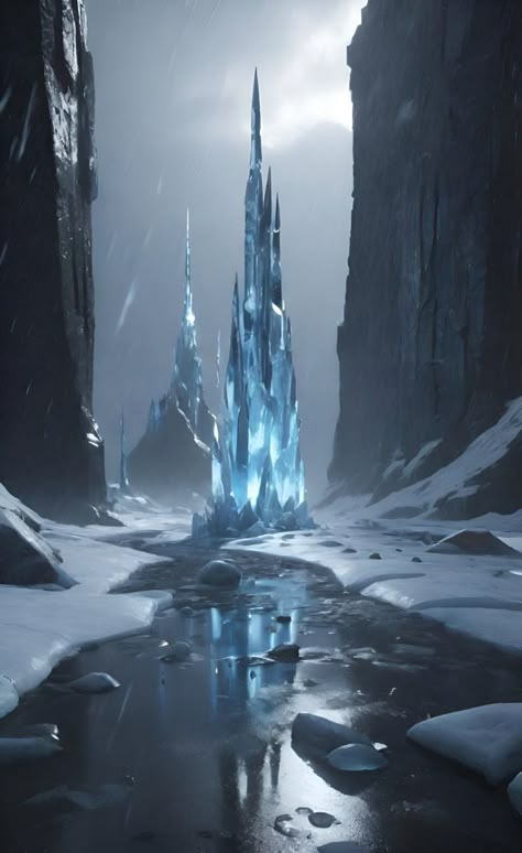 Ice Forest Fantasy Art, Dark Ice Aesthetic, Ice Aesthetic Wallpaper, Fantasy Ice Landscape, Ice Concept Art, Snow Planet, Alien Humanoid, Winter Kingdom, Biome Project