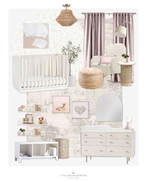 Neutral nursery design with some pops of lavender and a cozy vibe. E-Design Reveal: An Eclectic Neutral Nursery - Little Crown Interiors Lavender Nursery Girl, Shelves Light, Light Blue Nursery, Nursery Design Neutral, Sophisticated Nursery, Eclectic Nursery, Lavender Nursery, Nursery Interior Design, Nursery Interior