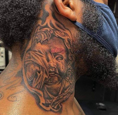 Big Neck Tattoo Men, Side Neck Tattoo For Guys Hood, Full Neck Tattoo For Guys Hood, Whole Neck Tattoo, Neck Tattoos Black Man, Neck Tattoo For Black Men, Angle Neck Tattoo, Unique Neck Tattoos For Men, Neck Tattoos For Black Men