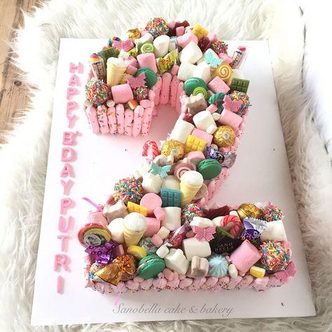 A Instagram from katherine_sabbath Cakes With Sweets On Top, Candy Number Cake, Candy Covered Cake, Katherine Sabbath, Candy Crush Cakes, 21st Birthday Cakes, Elegant Birthday Cakes, 2 Birthday Cake, Funny Birthday Cakes