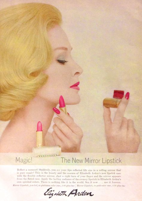 Elizabeth Arden 'Mirror Lipstick' Ad, 1959 1950s Lipstick, Sketch Figures, Dolly Hair, Elizabeth Arden Lipstick, Vintage Commercials, 50s Makeup, Lipstick Quotes, Lipstick Ad, Vintage Makeup Ads