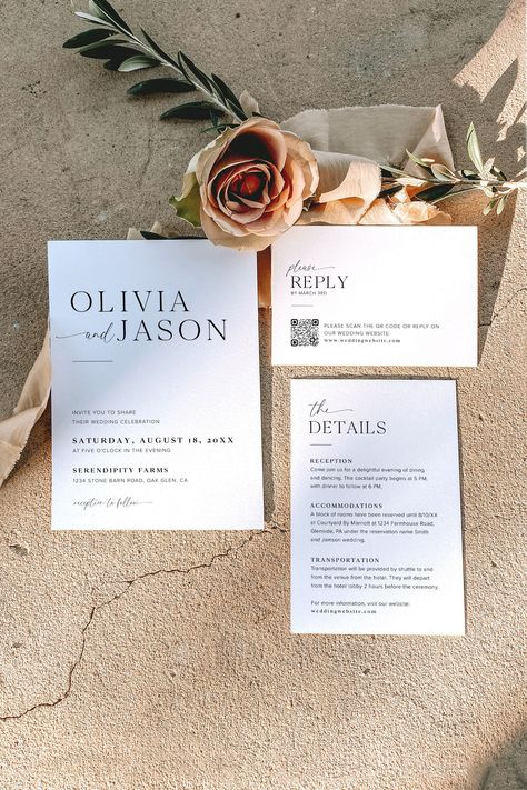 Minimalist Wedding Invitation Set Templates Make your wedding planning process a breeze with this modern minimalist wedding invitation set with QR code template. The elegant and minimal design combined with the innovative QR code for easy RSVP will provide a seamless and stylish way for you to invite your guests. This is a digital file *only*. No physical items will be provided upon purchase. After purchase, the template is available immediately for editing using Templett's online app in your br Modern Wedding Invite, Wedding Ceremony Invitations, Free Wedding Invitation Templates, Minimal Wedding Invitation, Free Wedding Invitations, Minimalist Wedding Invitation, Modern Minimalist Wedding, Minimalist Wedding Invitations, Photo Wedding Invitations