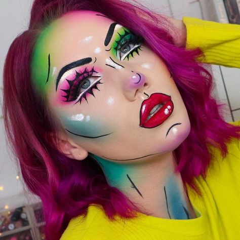 Pride Halloween Costume, Comic Strip Makeup, Pop Art Makeup Looks, Comic Makeup Pop Art Halloween Costumes, Pop Art Face Makeup, Pop Art Makeup Halloween, Pop Art Photoshoot, Comic Makeup Pop Art, Fun Makeup Looks To Recreate