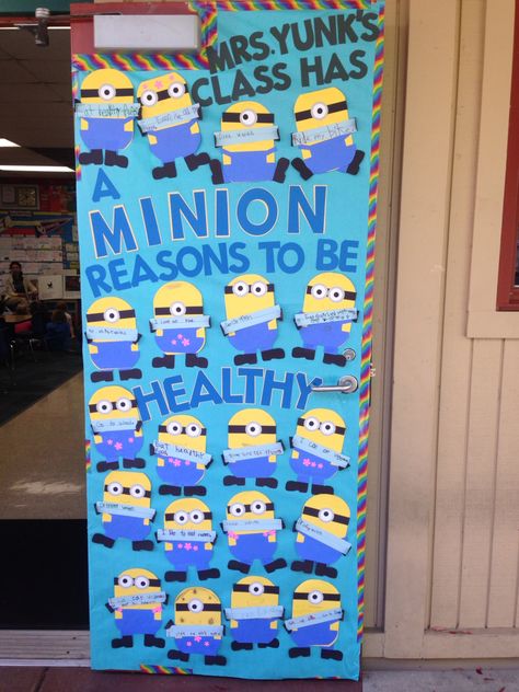 A minion reasons to be healthy | our class red ribbon week door decoration for 2014 Red Ribbon Week Door, Classroom Doors, Red Ribbon Week, A Minion, American Symbols, Kindergarten Class, Kindergarten Crafts, Classroom Door, Door Decoration