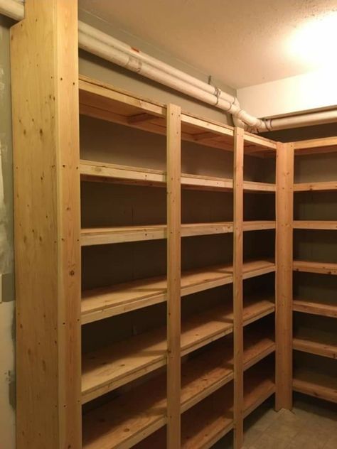 Canning Shelves Diy Pantry, Canning Shelving Ideas, Canning Pantry Shelves, Canning Kitchen Layout, Diy Canning Storage, Canning Cabinet, Wood Pantry Shelves, Canning Shelf, Canning Shelves