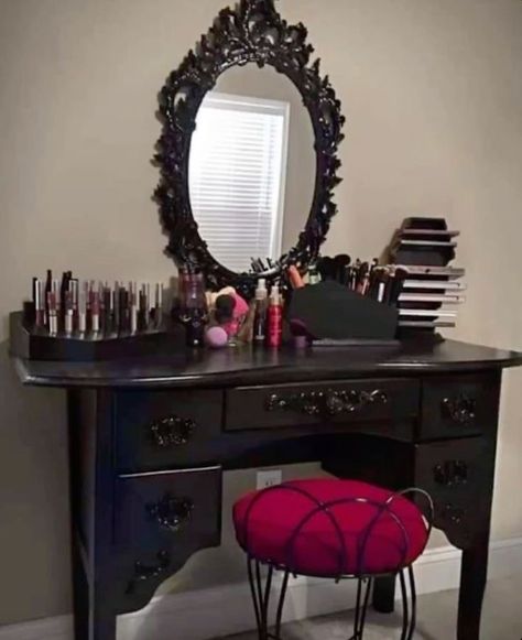 Emo Room, Vanity Set Up, Gothic Decor Bedroom, New Vanity, Palette Organizer, Gothic Room, Dark Home Decor, Black Vanity, Goth Home Decor