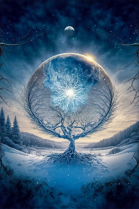 This original digital artwork features a winter solstice scene as I imagine it might appear. Suitable for Christmas, winter solstice, any winter holiday, or for someone who wants a bit of peace and serenity in their home or office. This piece is available as an instant download printable image through my Etsy Store. Yule, yuletide, relgious, spiritual Winter Solstice Art, December Solstice, Sherwood Oregon, Solstice Art, Spiritual Images, Dreamy Artwork, Fantasy Wall Art, Witchy Wallpaper, Spiritual Artwork