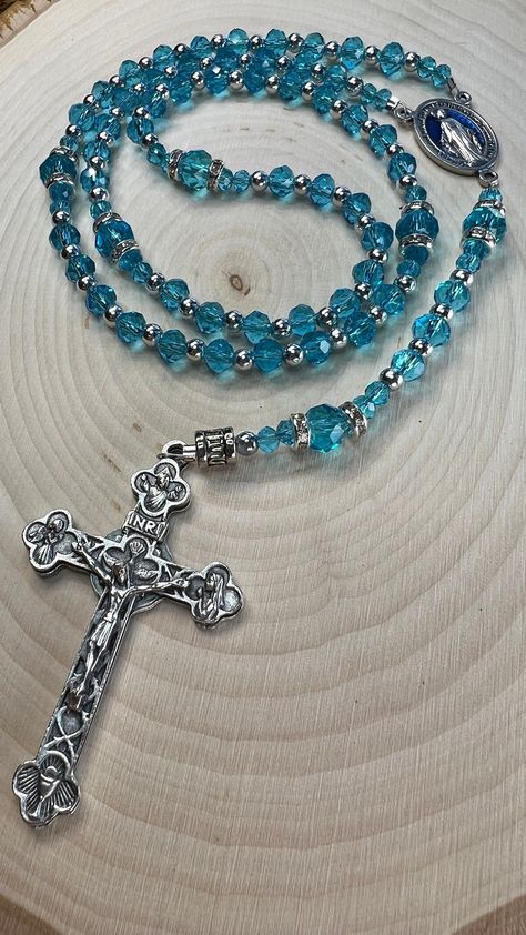 Excited to share the latest addition to my #etsy shop: Beautiful Miraculous Medal Rosary/Handmade/Unique Design/Rare Find/ Low in Stock https://etsy.me/46qWO71 #blue #birthday #silver #catholicrosary #devotionalrosary #rarefind #miraculousmedal #5decadesrosary #blueand Rosary Design, Catholic Rosary Bracelet, Blue Rosary, Handmade Rosary, Rosary Jewelry, Rosary Beads Catholic, Rosary Prayer, High Fashion Jewelry, Saint Michael