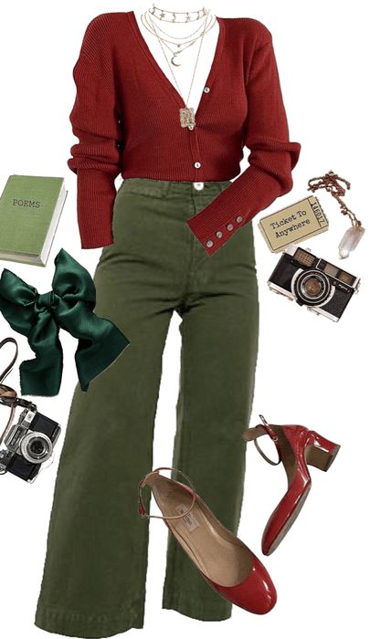 red and green Outfit | ShopLook Red And Green Clothes Outfit, Red Black And Green Outfits, Retro Outfits Green, Retro Red Outfit, Red Shirt Green Pants Outfit, Green Outfit Christmas, Red Outfit Christmas, Green Dress Red Shoes Outfit, Dark Green And Red Outfit