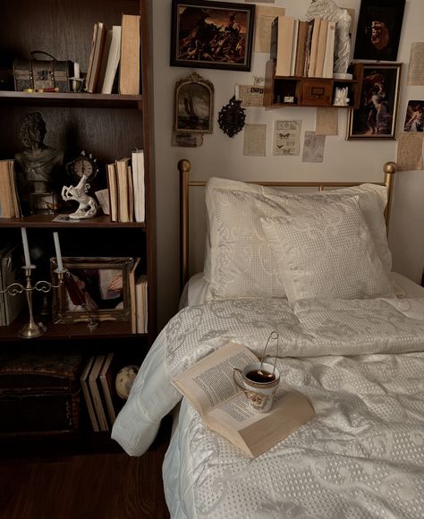 Witchy Academia Bedroom, Goth Academia Room, Bedroom Aesthetic Academia, Old Lady Room Aesthetic, Academia Dorm Aesthetic, Small Vintage Bedroom Ideas, Room Inspiration Dark Academia, Bedroom Brown Aesthetic, Light Academia Dorm Room