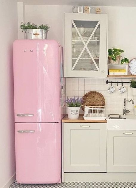 Pink Smeg Appliances, Smeg Fridge Aesthetic, Pink Smeg Kitchen, Pink Smeg Fridge, Kitchen Art Diy, Pink Refrigerator, Pink Fridge, Open Shelving Kitchen, Backsplash Ideas Kitchen