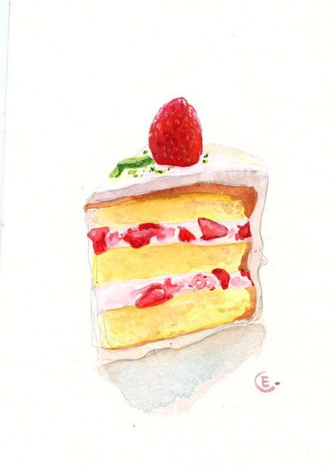 Strawberry shortcake layers slice gâteau à la fraise aquarelle Dessert Illustration, Cake Illustration, Watercolor Cake, Food Sketch, Watercolor Food, Food Painting, Chocolate Caliente, A Piece Of Cake, Painted Cakes