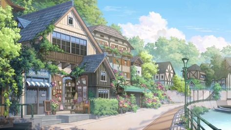 Anime Town Background, Ghibli Town, Houses Background, Anime Town, Beautiful Room Designs, Studio Ghibli Background, Anime Places, Fantasy Town, Building Aesthetic