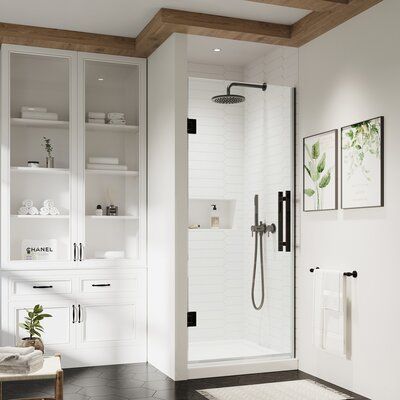 The frameless hinge shower door kit has a modern, minimalist design that pairs high functionality with contemporary style. The set comes with premium quality hardware, complete with a sleek finish, and includes a 29 in. wide door panel, ideal for an Alcove installation. All panels are made from Premium 8mm (5/16") thick certified tempered glass. 32x32x2 3/4 in. Shower base included. The shower base is made of Premium fiberglass-reinforced Acrylic. The anti-slip white acrylic base is sturdy and e Shower Insert Makeover Tile, Toilet Across From Shower Layout, Master Bath Plans With Closet, Small Shower With Glass Door, Small Bathroom Interior Minimalist, Small Shower Glass Door, Barn Door Shower Doors Walk In, Single Shower Remodel, 5x6 Bathroom Layout