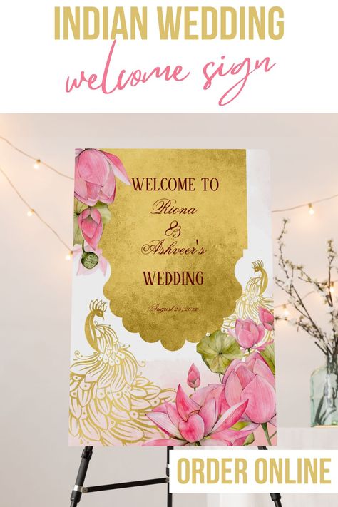 Pink and gold peacock lotus Indian welcome sign Gold Peacock, Wedding Entrance Decor, Wedding Stage Design, Wedding Entrance, Wedding Order, Royal Blue And Gold, Pink Lotus, Wedding Welcome Sign, Wedding Stage