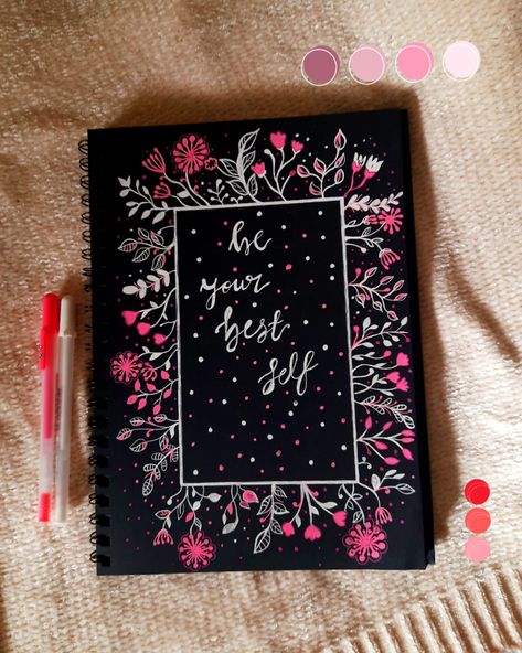 Black Dairy Cover Ideas, Note Book Cover Design Diy Ideas, Dairy Cover Page Design Ideas, Dairy Cover Decoration Ideas, Black Diary Cover Ideas, Diy Dairy Cover Ideas, Black Project File Cover Decoration Ideas, Black Paper Art Gel Pens, Black Sketchbook Cover Ideas