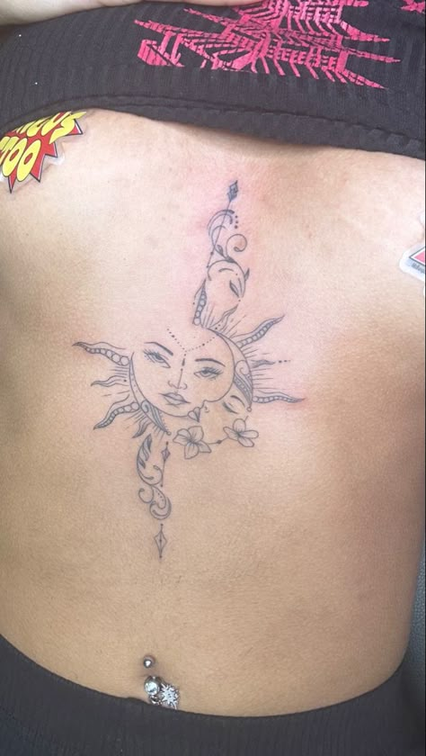 Sun Tattoo Middle Of Chest, Sun Moon Chest Tattoo, Sternum Moon Tattoo, Sun Underboob Tattoo, Sternum Tattoo Big Bust, Red Sternum Tattoo, Sternum Tattoo Female, Sun Spine Tattoo, Sun And Moon Spine Tattoo