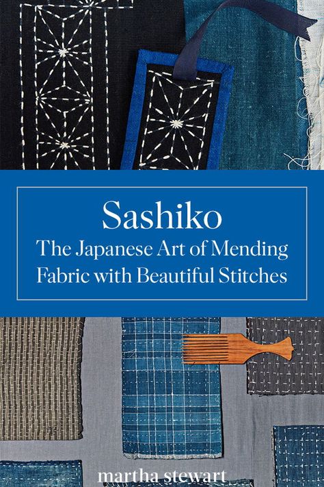 Sashiko: The Japanese Art of Mending Fabric with Beautiful Stitches | In the times of pre-industrial Japan, fabric was scarce and so garments were mended for a longer life with patches, scraps, and simple stitches. A single garment could be mended many times over many generations, developing a storied history.  This is sashiko, and this type of mending was never meant to be invisible.  #sewing #sewingprojects #marthastewart #sashiko Japanese Sewing Projects, Japanese Mending Technique, Japanese Darning, Practical Embroidery, Japanese Mending, Visible Mending Stitches, Sashiko Tutorial, Sashiko Mending, Embroidery Mending