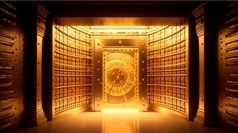 Bank vault with open door store gold bar... | Premium Photo #Freepik #photo #bank-vault #vault #bullion #fine-gold Bank Vault Aesthetic, Money Safe Aesthetic, Vault Aesthetic, Bank Vault Door, Bank Aesthetic, Vault Design, Gold Vault, Federal Reserve Bank, Millionaire Homes