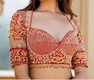 Front neck design Blouse Front Neck Design, Red Designer Blouse, Blouse Front Neck, ब्लाउज बैक नेक डिजाइन, Front Neck Design, Lengha Blouse Designs, Vintage Prom Dresses, Latest Bridal Blouse Designs, Latest Blouse Designs Pattern